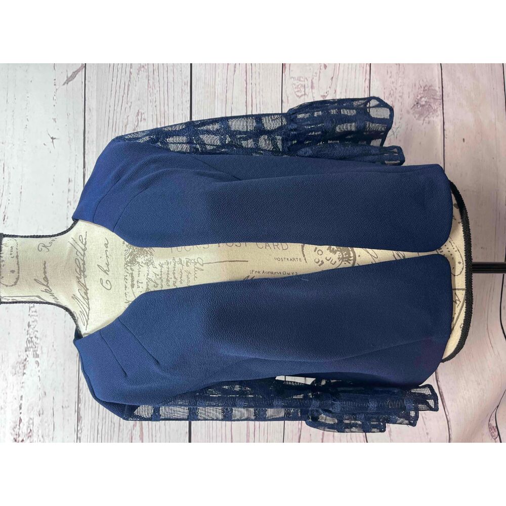 Maya Brooke Navy Jacket Sheer Sleeves Lace Detail Open Front Size 18